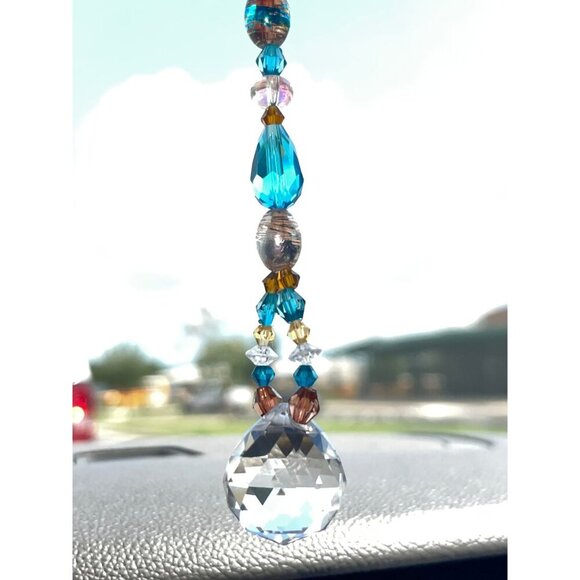 Beaded Suncatcher Rearview Mirror Ornament Blue Brown Crystal Prism Car Charm - Picture 3 of 10